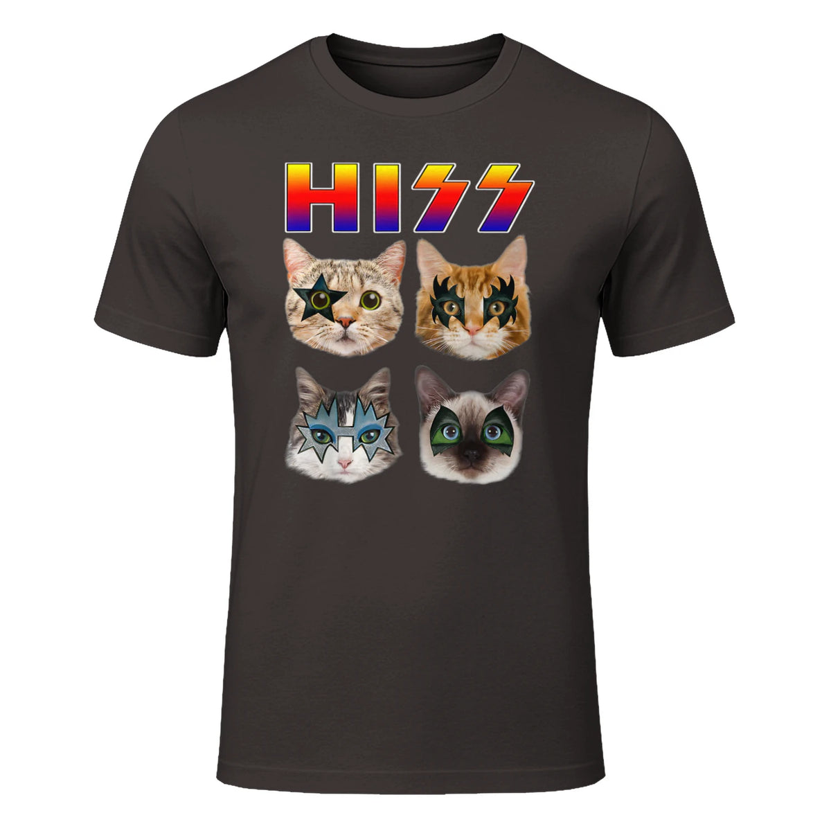 Funny Cat Hiss Rock and Roll For Cat Lover, Cat Dad, Cat mom T-Shirt in Dark Chocolate - front view