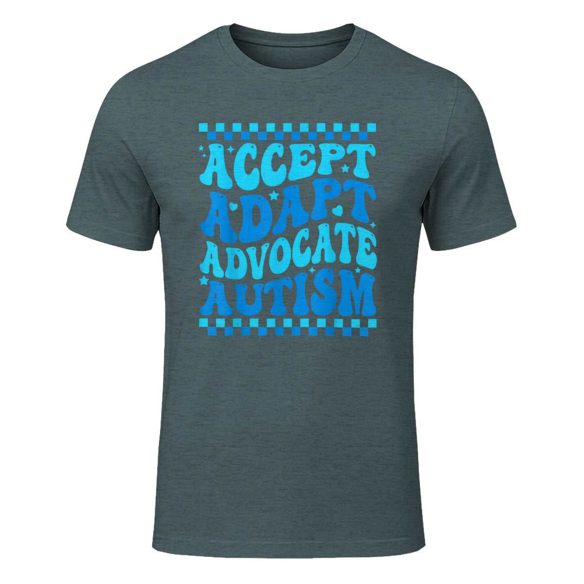 Accept Adapt Advocate Autism Awareness T-Shirt in Dark Heather - front view