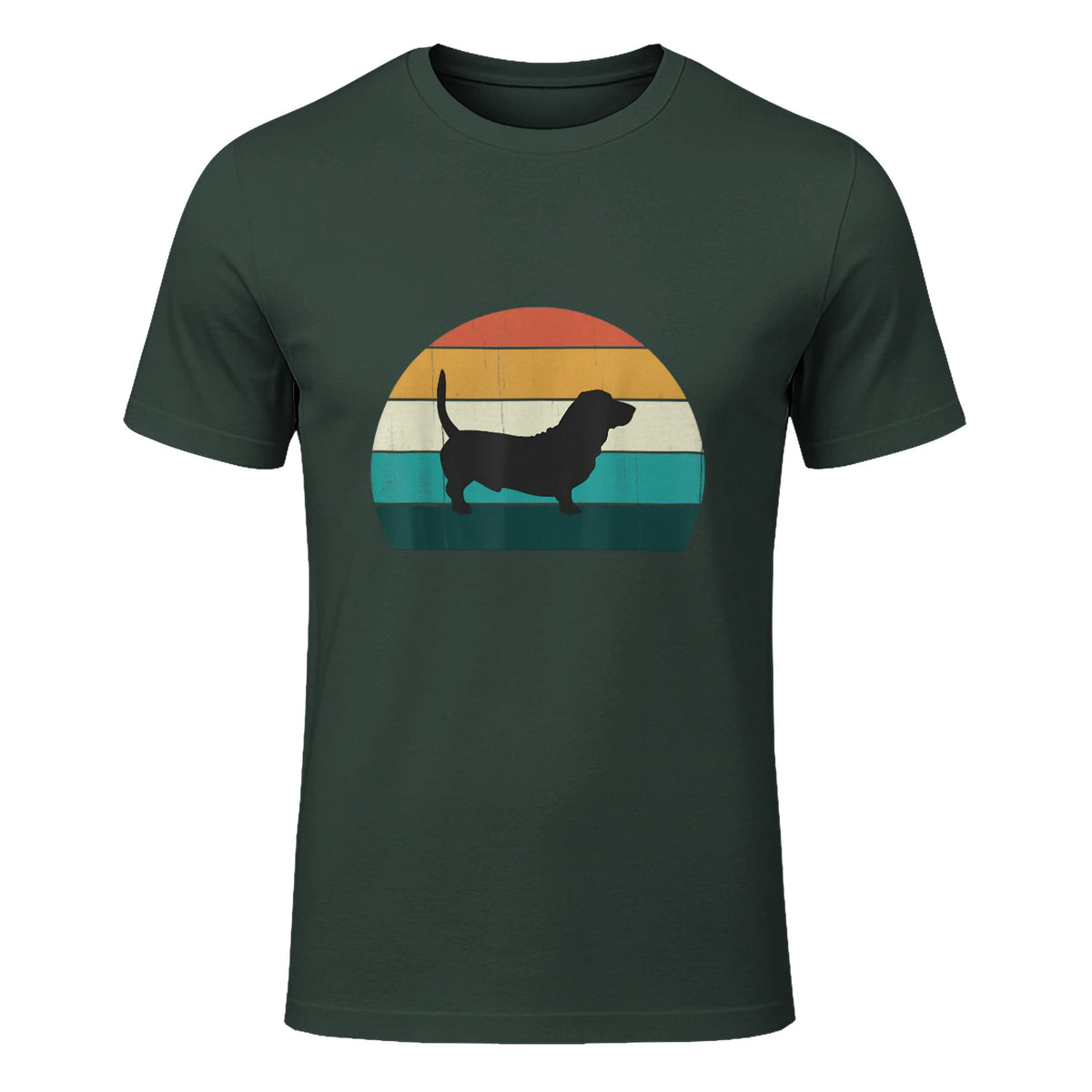 Basset Hound rétro Amant Vintage Sunset Dog & Puppy in Forest Green - front view