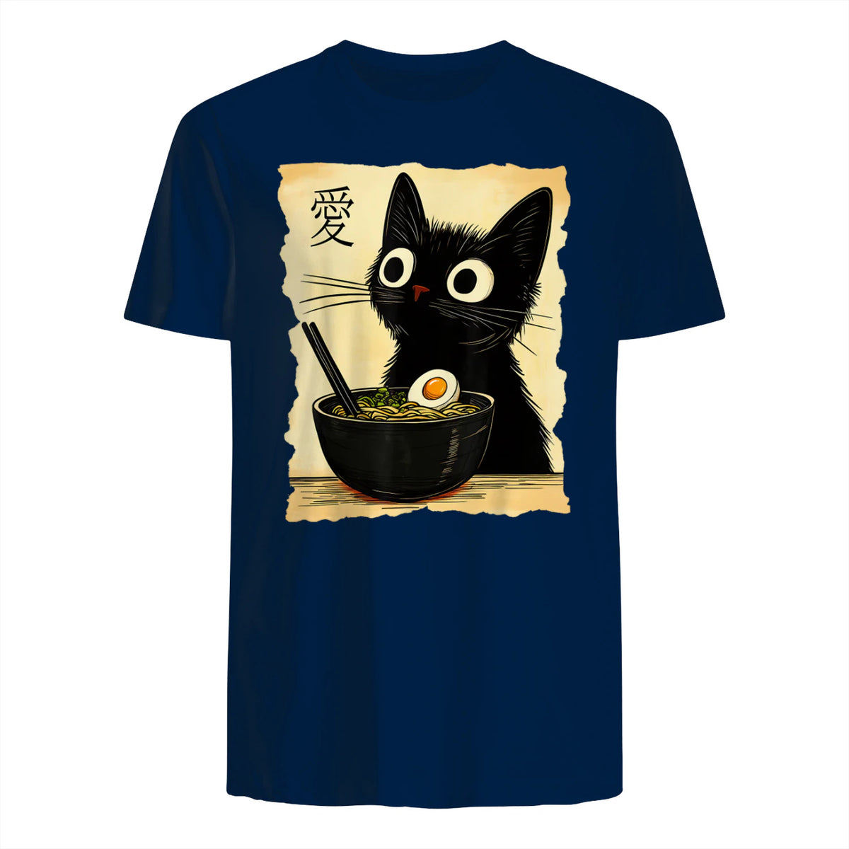 Funny Cat Ramen Graphic Tee Japanese Kawaii Anime Cat T-Shirt in Navy - back view