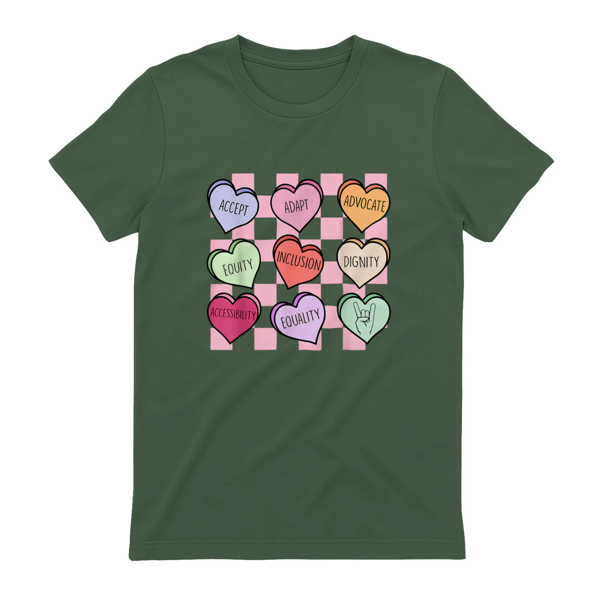 Special Education Teacher Candy Heart Valentines Day Love T-Shirt in Military Green - back view