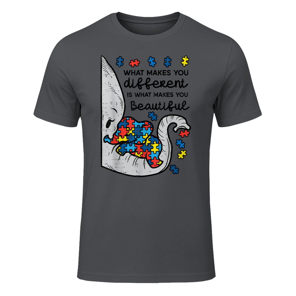 What Makes You Different Autism Awareness T-Shirt in Charcoal - front view