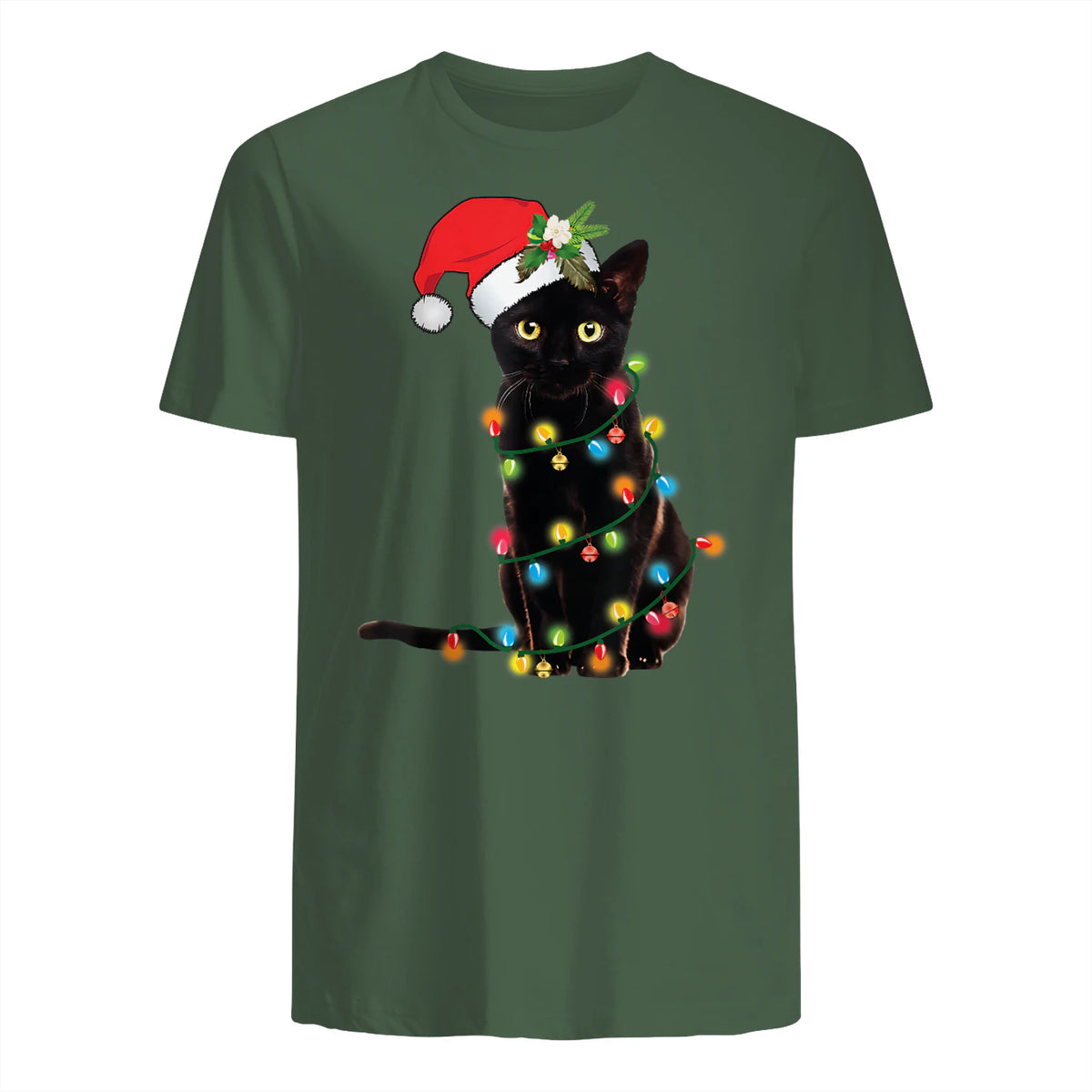 Santa Black Cat Tangled Up In Christmas Tree Lights Holiday in Military Green - back view