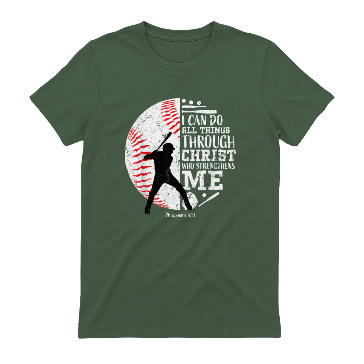 Philippians Four Thirteen Baseball Player Graphic with Bible Verse T-Shirt in Military Green - back view