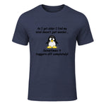 Funny silly penguin t-shirt mens ladies retirement gift in Heather Navy - front view