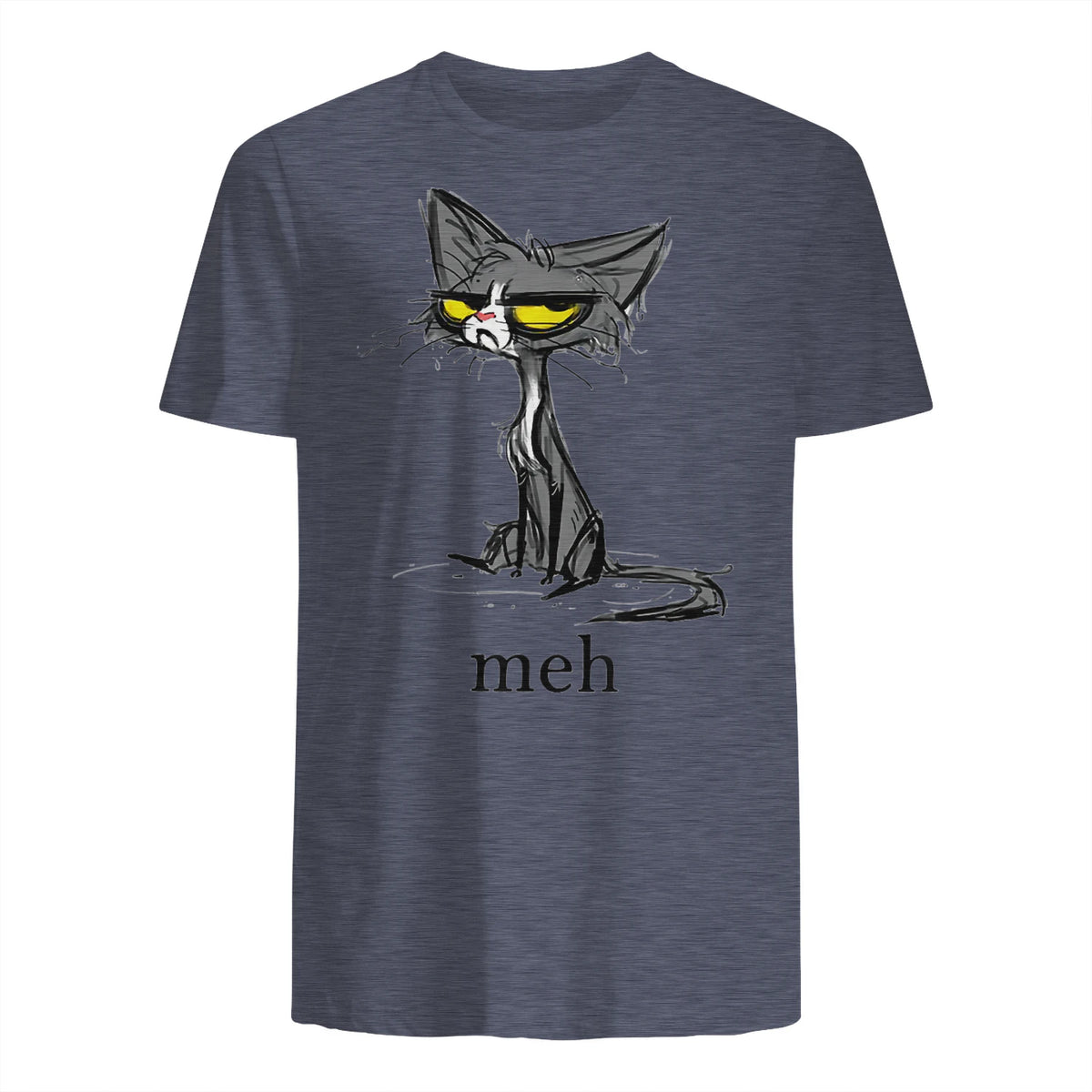 Funny Meh Cat Gift for Cat Lovers in Heather Navy - back view