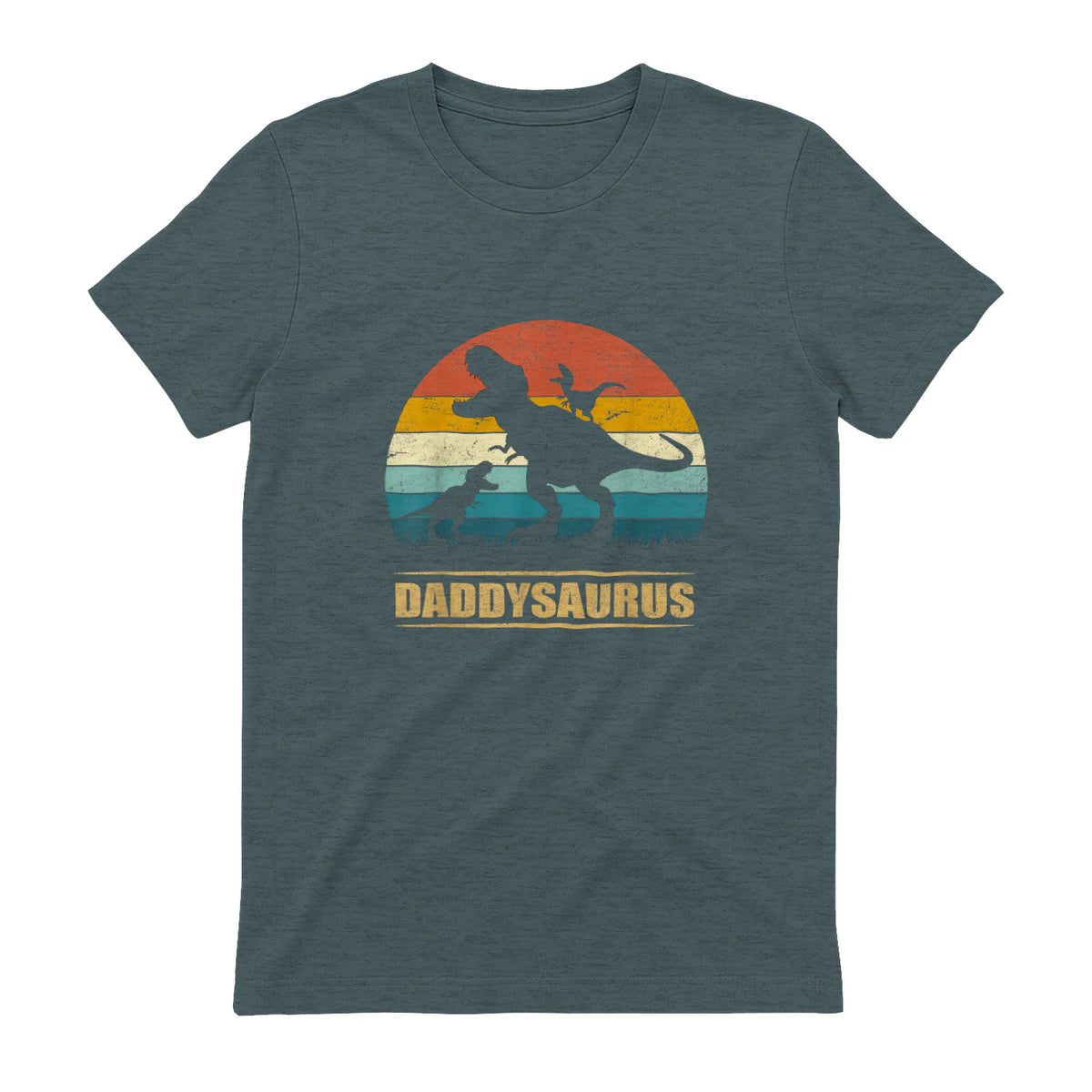 Daddy Dinosaur Daddysaurus Two Kids Funny Father's Day T-Shirt in Dark Heather - back view