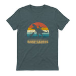 Daddy Dinosaur Daddysaurus Two Kids Funny Father's Day T-Shirt in Dark Heather - back view