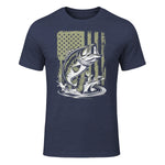 Fishing Camo Bass Fish American Flag Men's Fisherman Gift T-Shirt in Heather Navy - front view