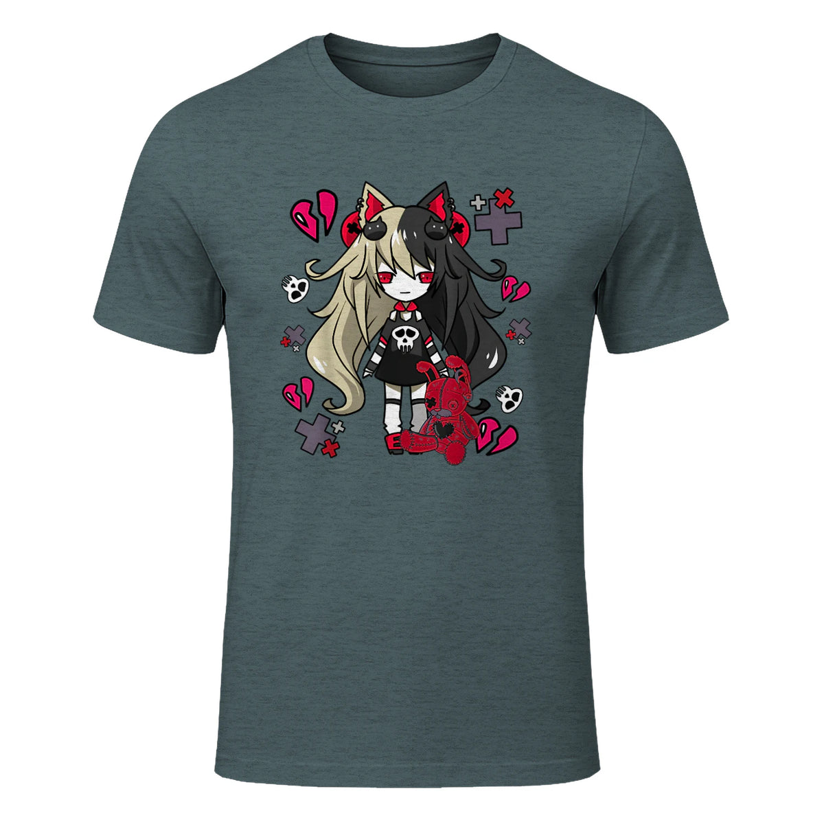 Chibi Kawaii Emo Pastel Goth Girl with Sad Bunny in Dark Heather - front view