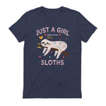Funny Just a Girl Who Loves Sloths T-Shirt Sloths Lover Gift in Heather Navy - back view