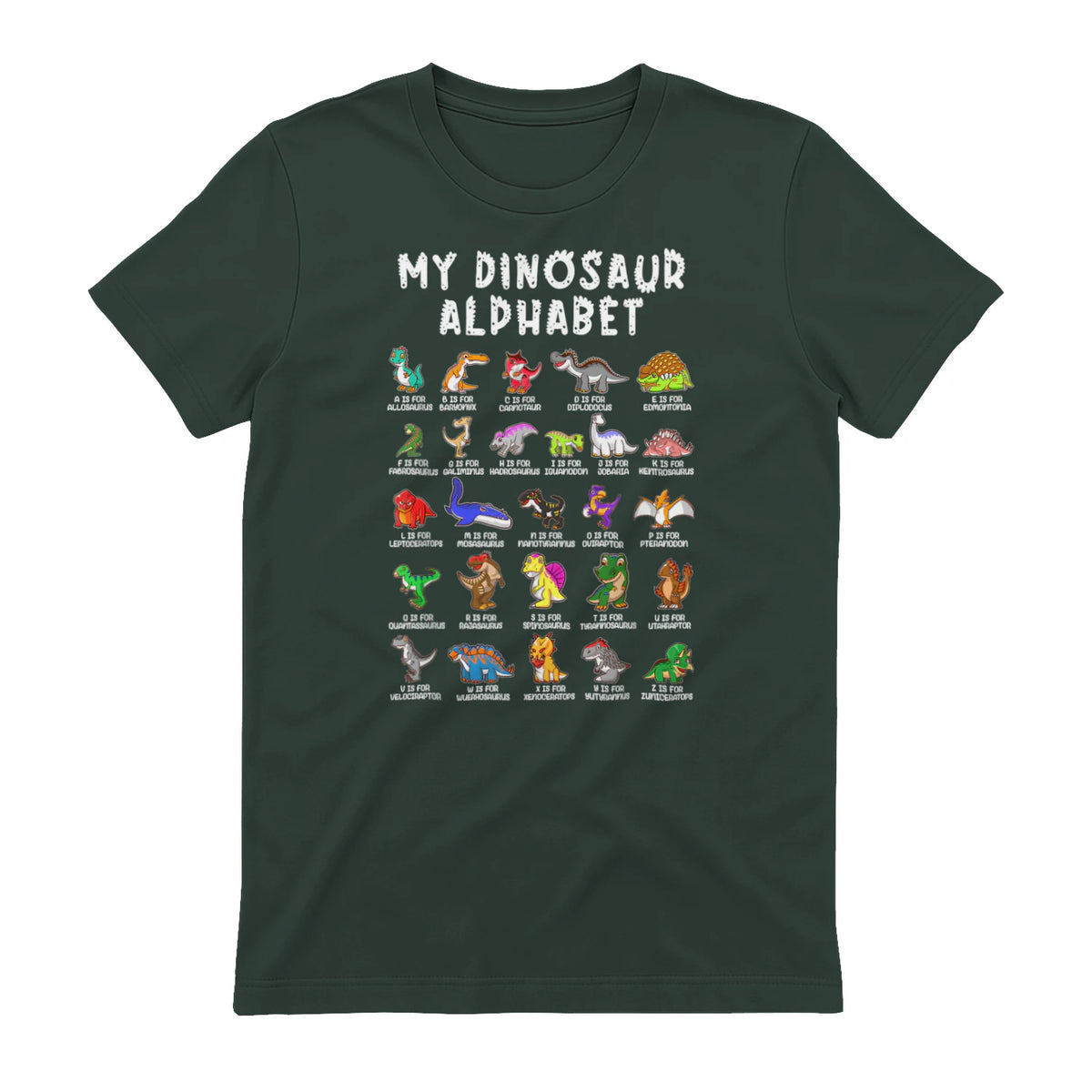 Types Of Dinosaurs Alphabet Dino Identification T-Shirt in Forest Green - back view
