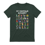 Types Of Dinosaurs Alphabet Dino Identification T-Shirt in Forest Green - back view