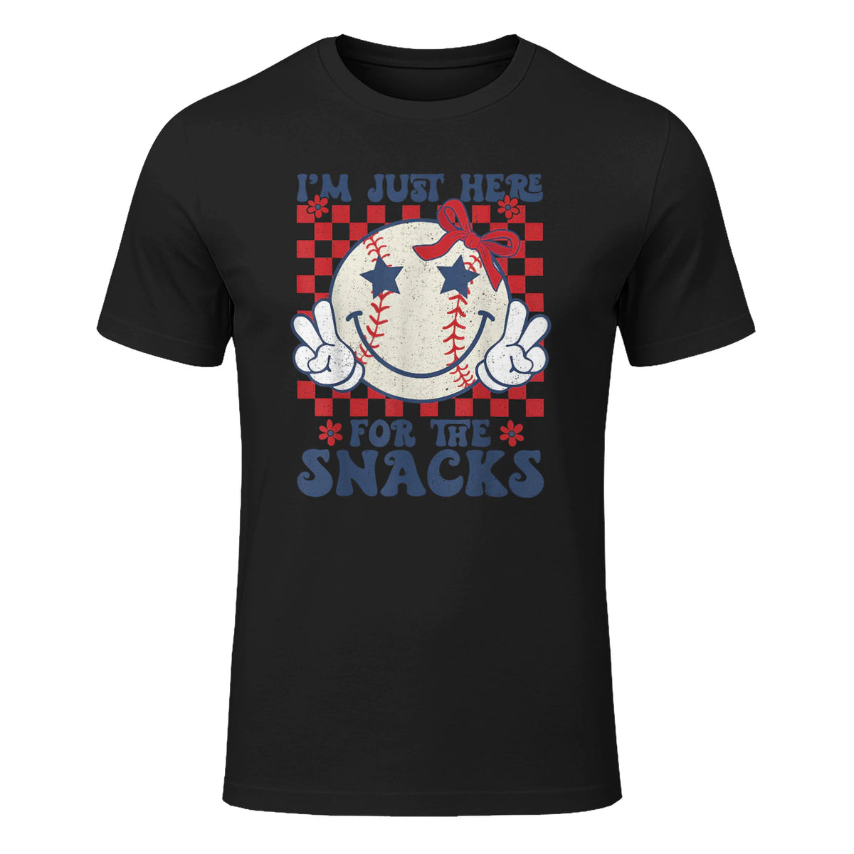 Retro Baseball Sister I'm Just Here for The Snacks Girls Mom T-Shirt in Black - front view