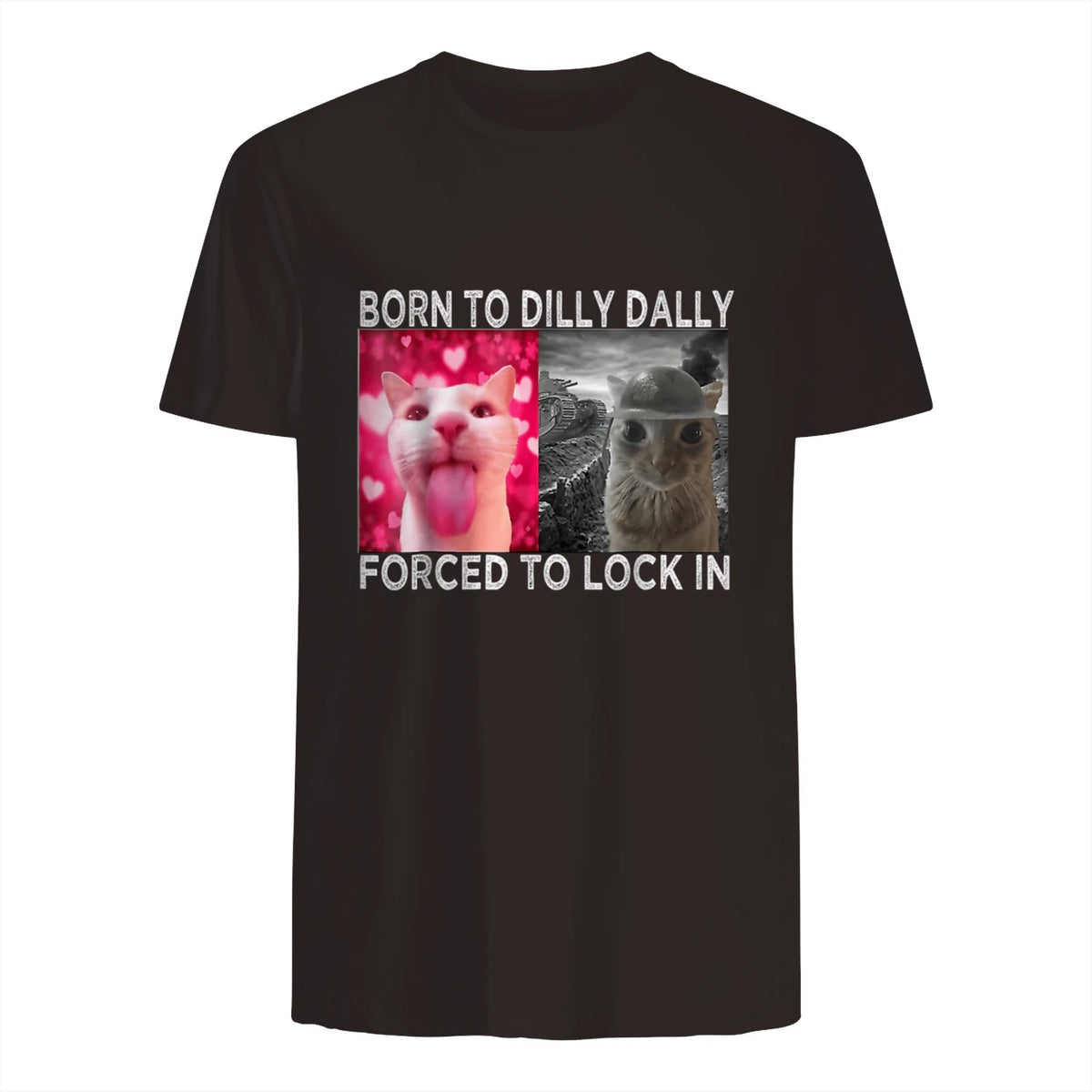 Born to Dilly Dally Forced to Lock in Cat Meme T-Shirt in Dark Chocolate - back view