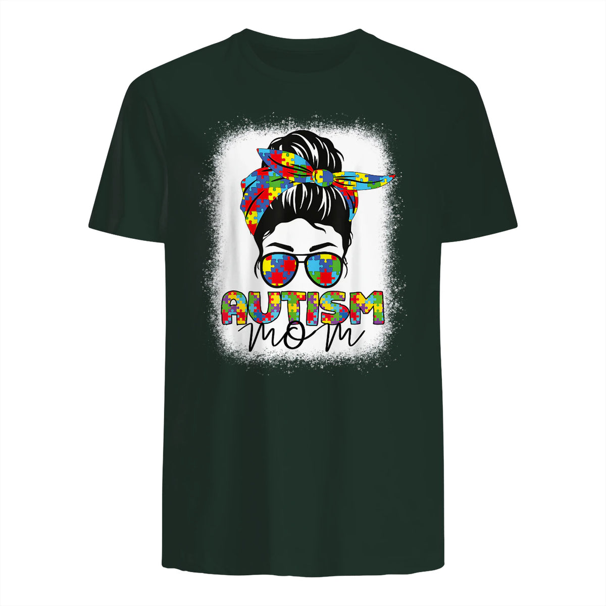 Autism Mom Life Messy Bun T-Shirt in Forest Green - back view