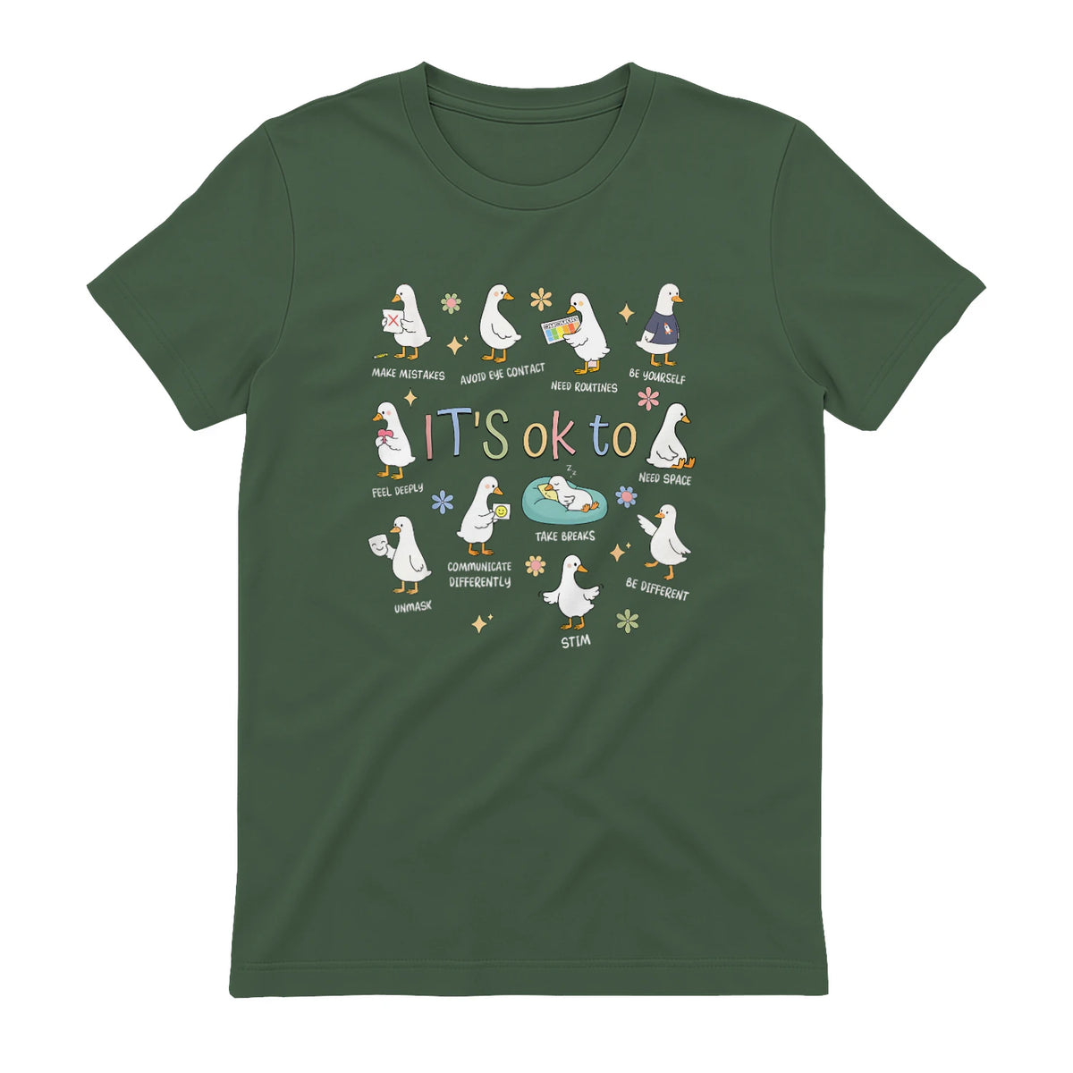 Funny It’s Ok to Be Different Autism Goose Teacher in Military Green - back view