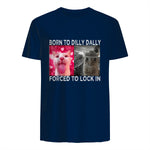 Born to Dilly Dally Forced to Lock in Cat Meme T-Shirt in Navy - back view