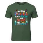 Autism Rocks Rolls Spins Flaps Awareness Boys Kids Women Men in Military Green - front view