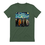 Funny Cat Starry Night Van Gogh Cats Rooftop Scene Feline T-Shirt in Military Green - back view