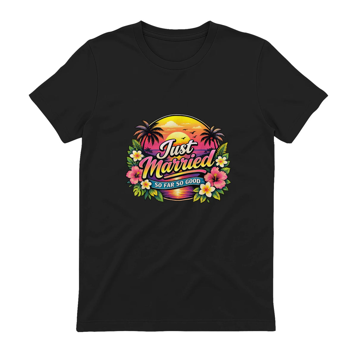 Couple de Jeunes mariés drôle Just Married Tropical Honeymoon in Black - back view