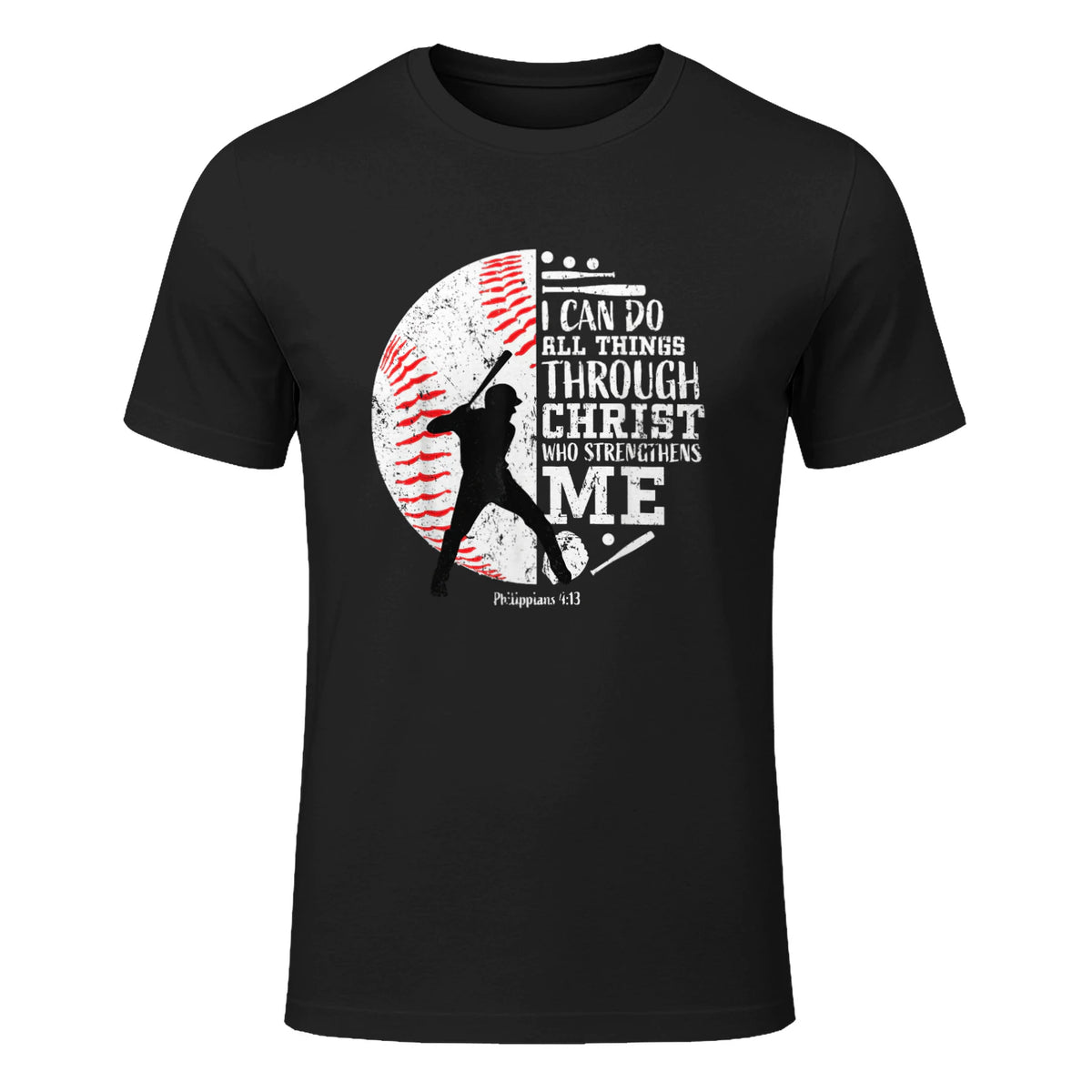 Philippians Four Thirteen Baseball Player Graphic with Bible Verse T-Shirt in Black - front view