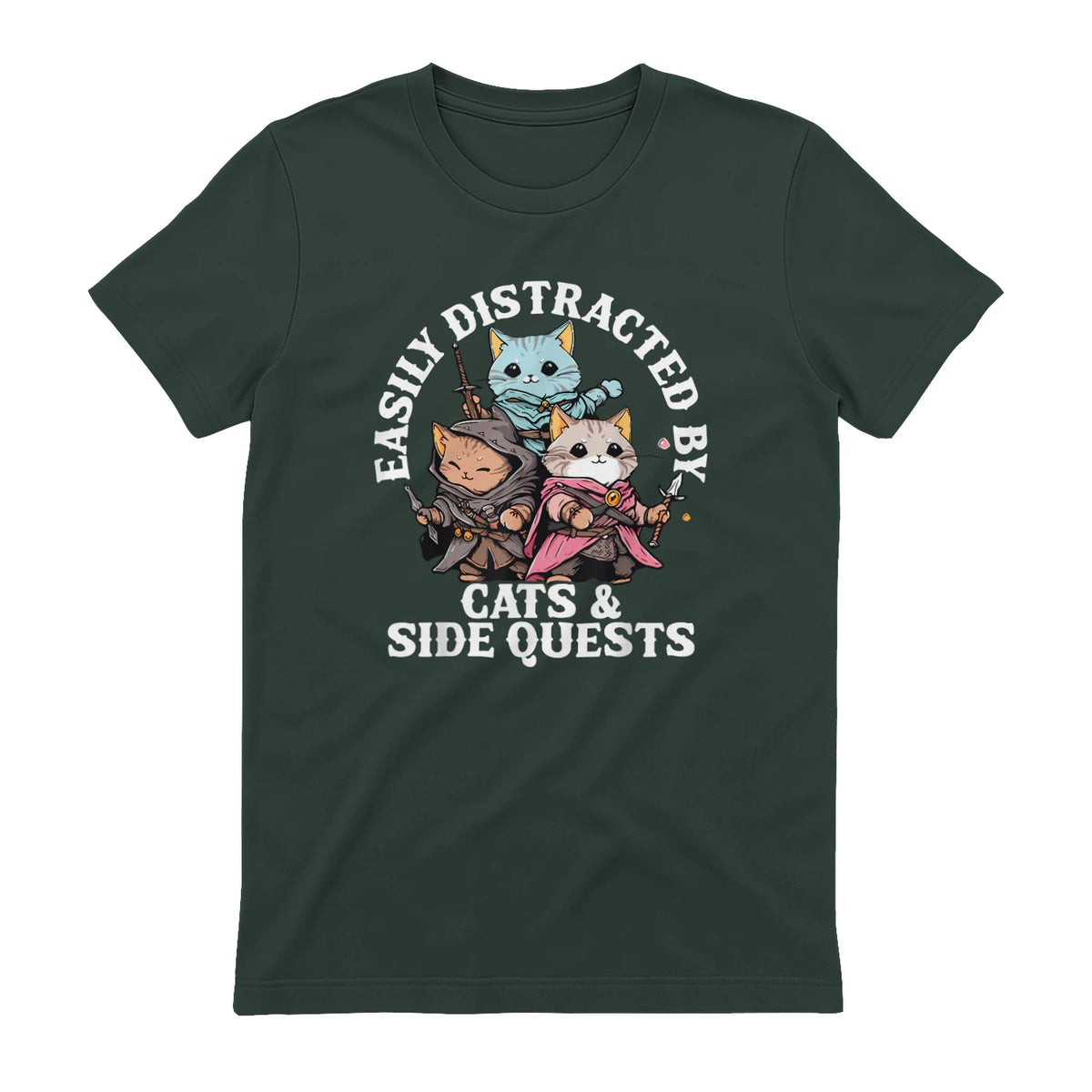 Cats Side Quest Funny Tabletop T-Shirt in Forest Green - back view