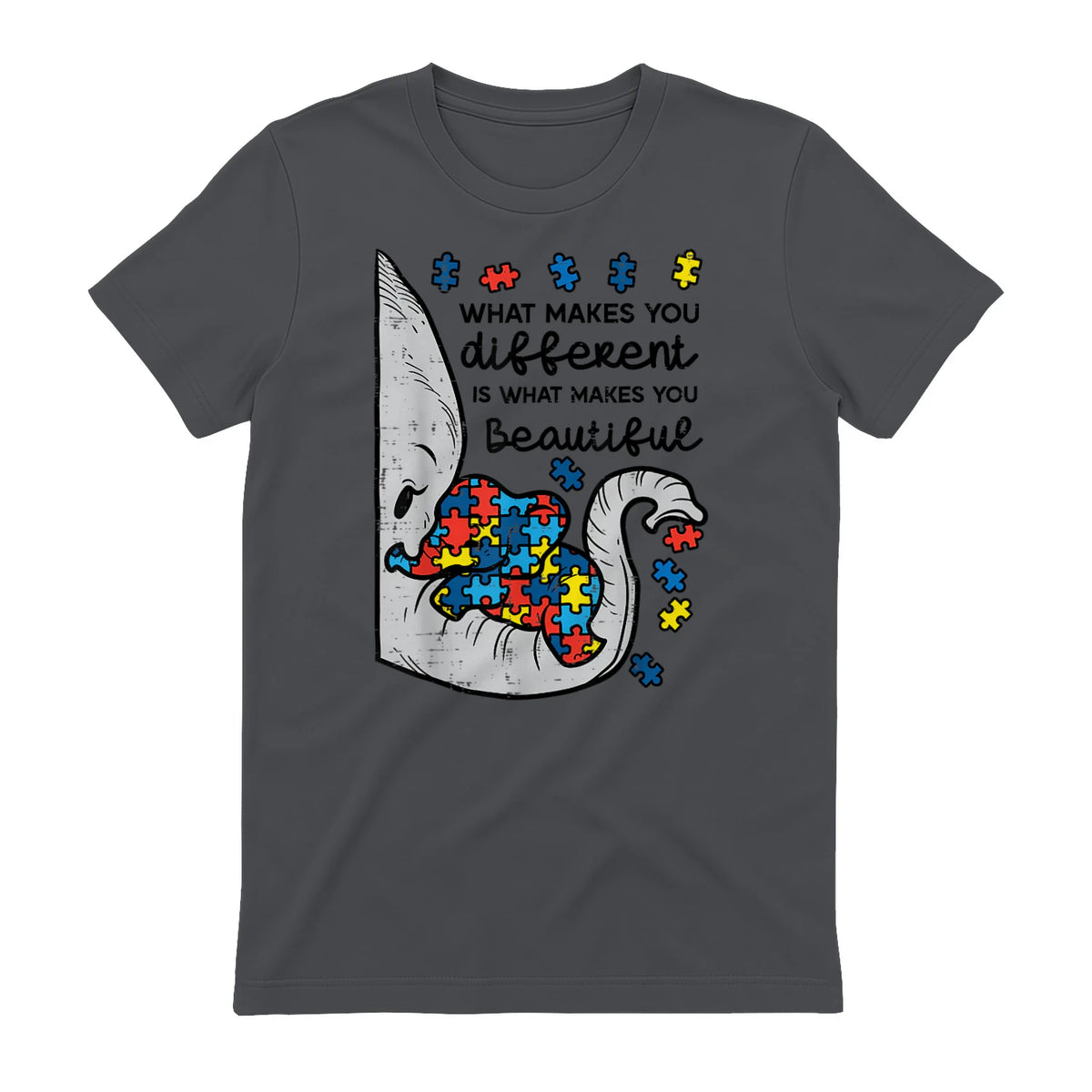 What Makes You Different Autism Awareness T-Shirt in Charcoal - back view