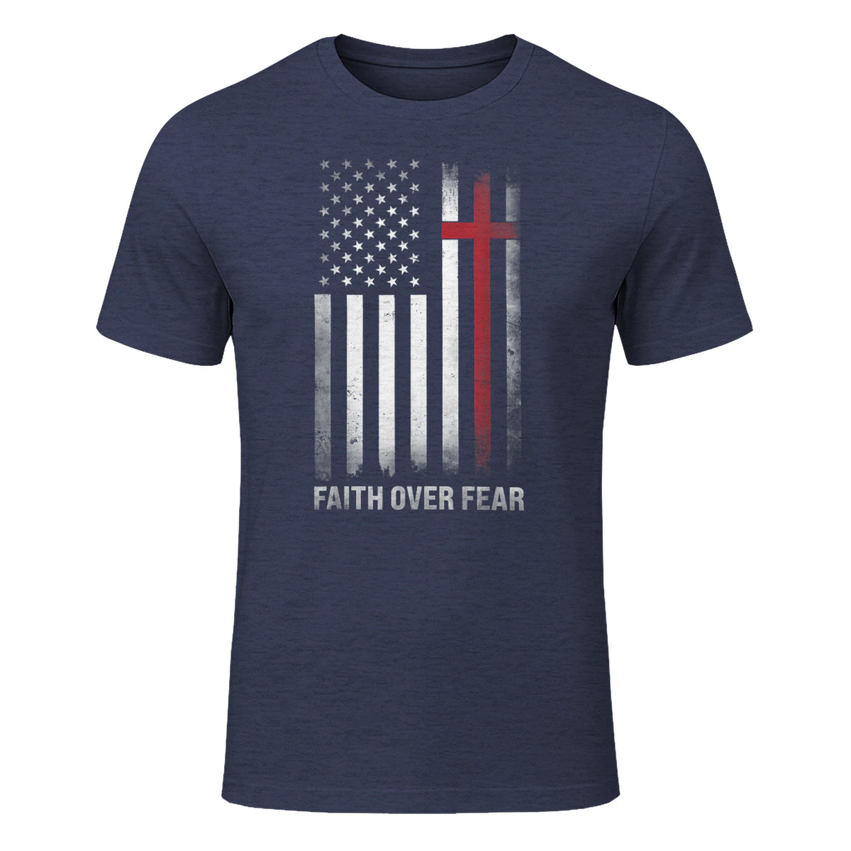 Christian US USA Flag American Christ Faith Over Fear Cross T-Shirt in Heather Navy - front view