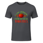 I Love Gardening From My Head Tomatoes Funny T-Shirt in Charcoal - front view