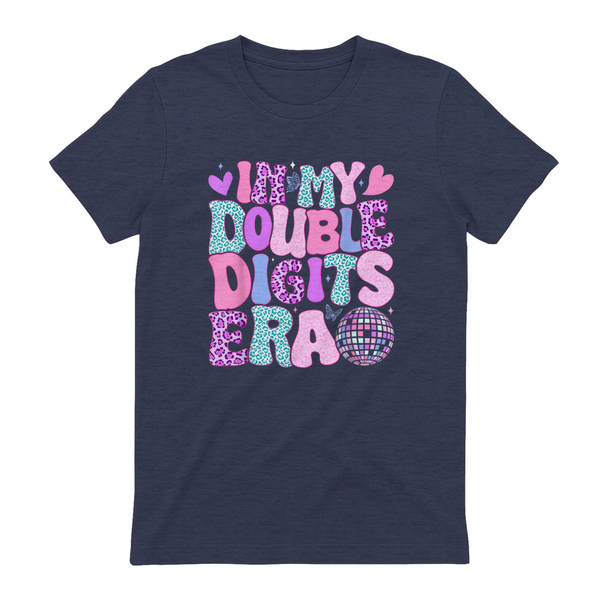 In My Double Digits Era Tenth Birthday Girl T-Shirt in Heather Navy - back view