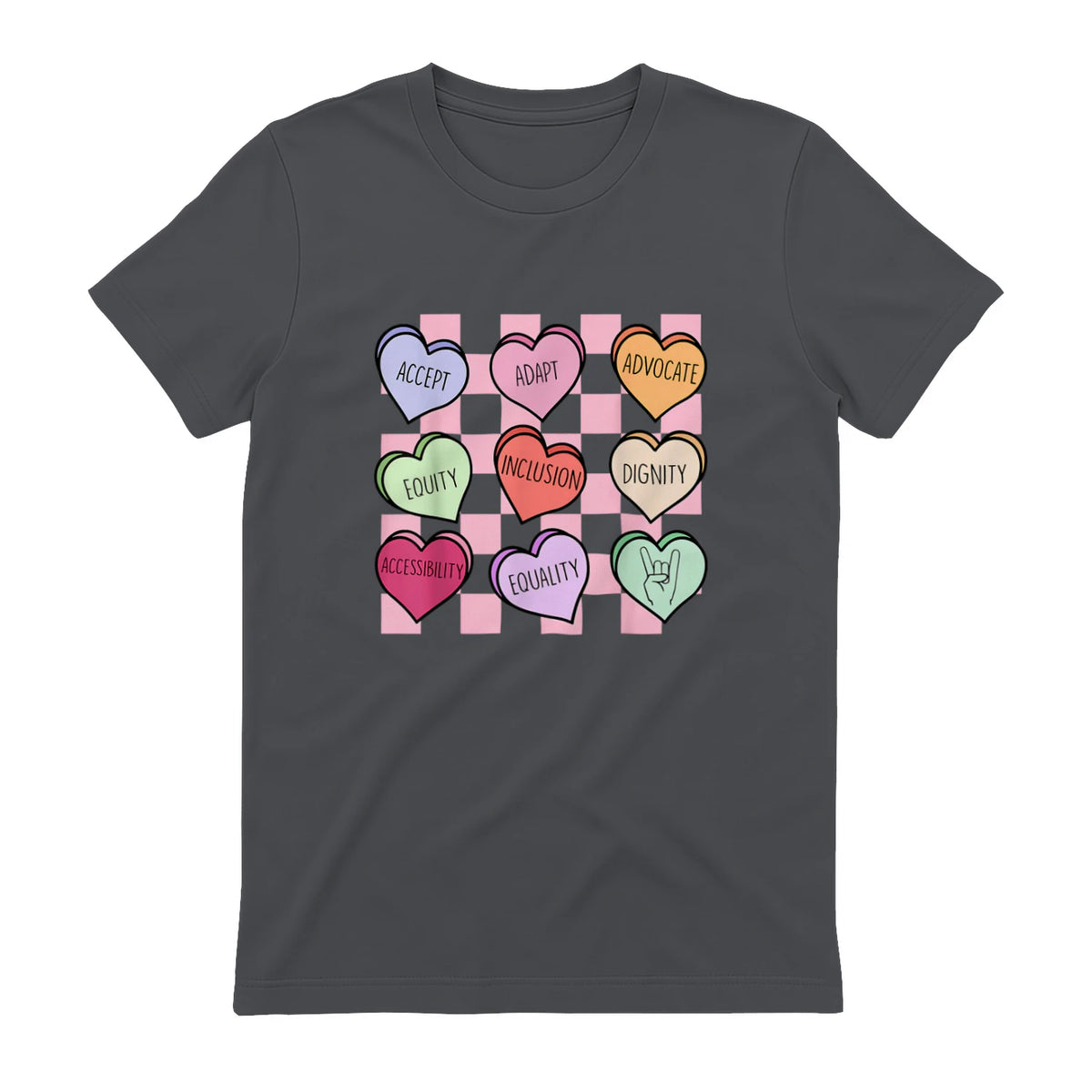 Special Education Teacher Candy Heart Valentines Day Love T-Shirt in Charcoal - back view