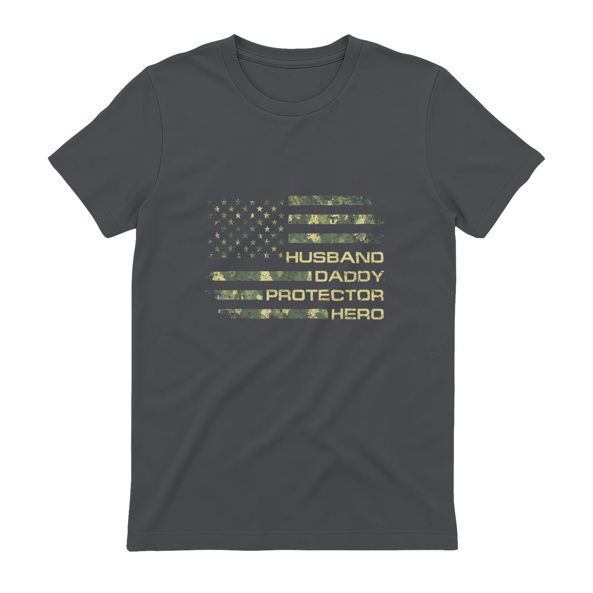Husband Daddy Protector Hero Fathers Day Camo American Flag in Charcoal - back view