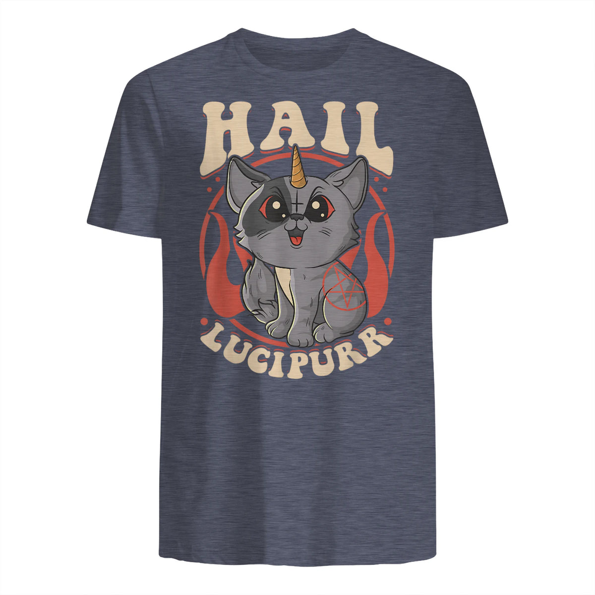 Cute & Funny Satanic Hail Lucipurr Rainbow Kitty Goth in Heather Navy - back view