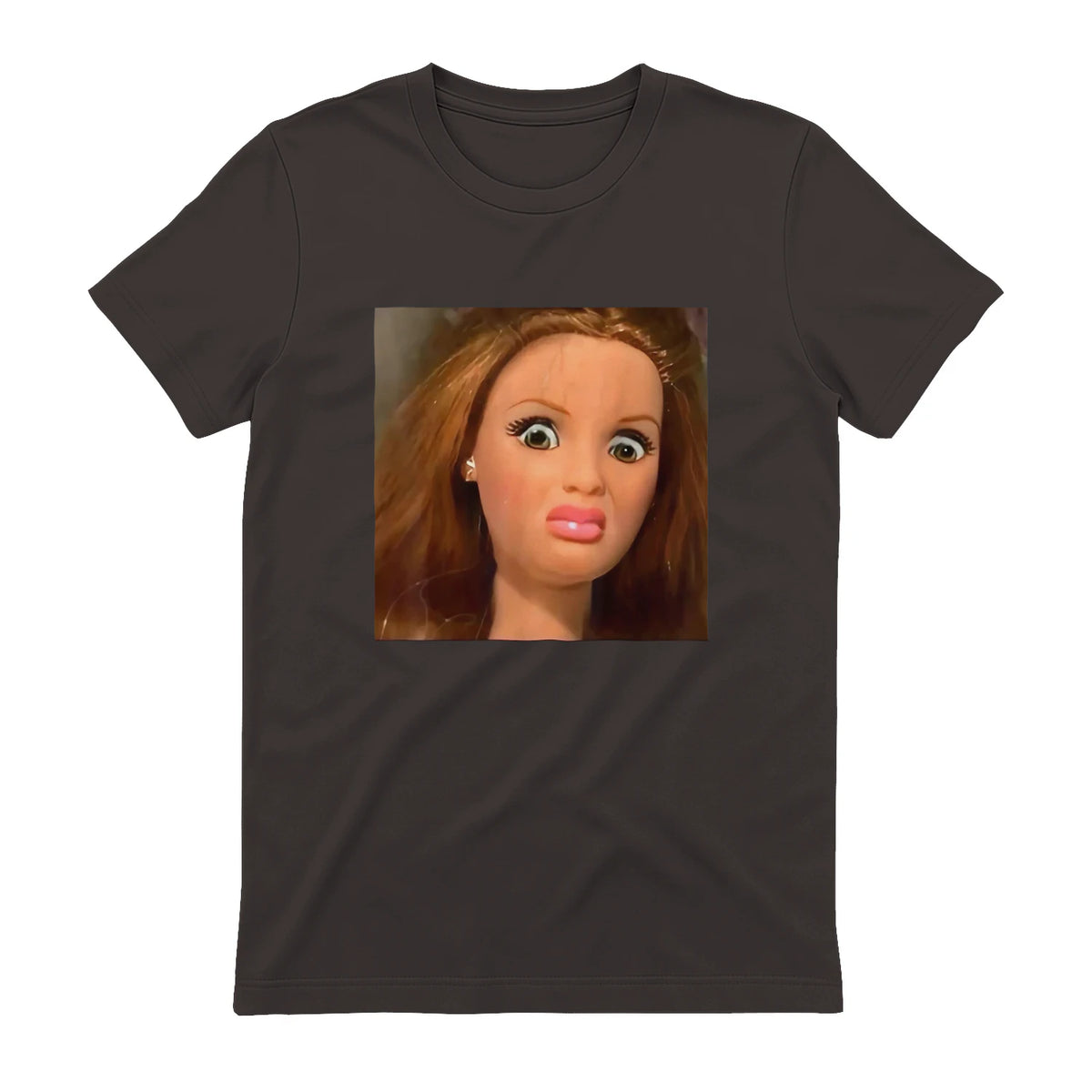 Funny Doll Face Meme Expression Hilarious Sarcastic in Dark Chocolate - back view