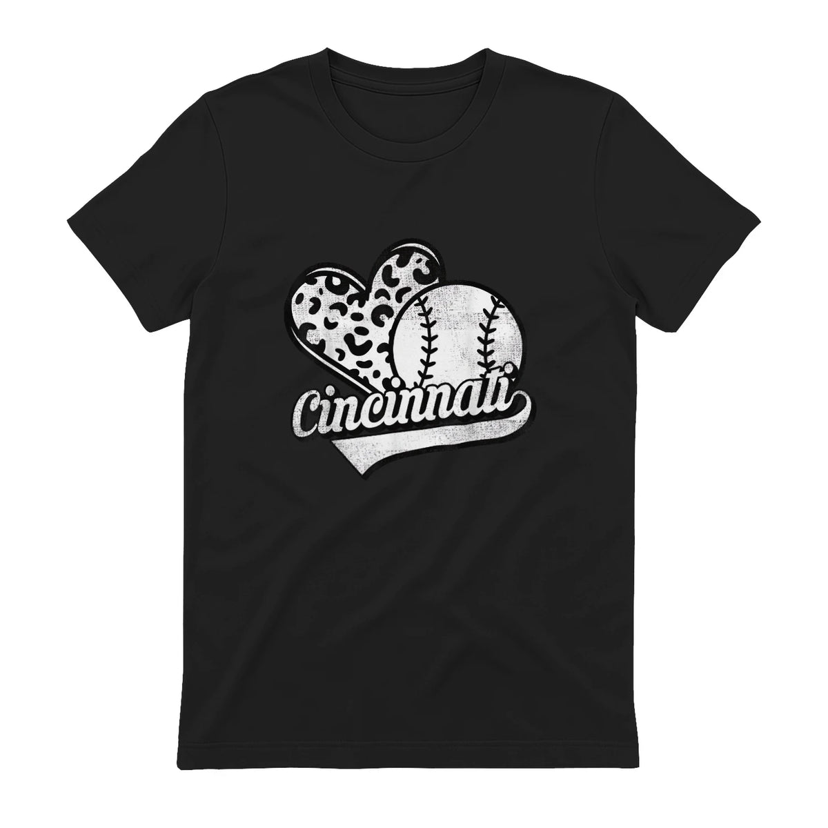 Vintage Cincinnati Baseball Leopard Heart Baseball Fans T-Shirt in Black - back view