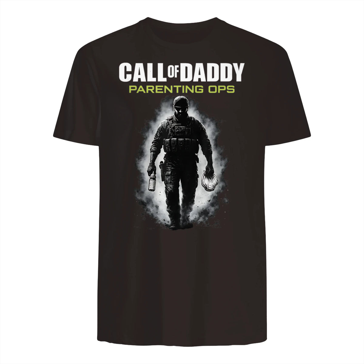 Call of Daddy Parenting Ops – Vatertag Great Dad Joke T-Shirt in Dark Chocolate - back view