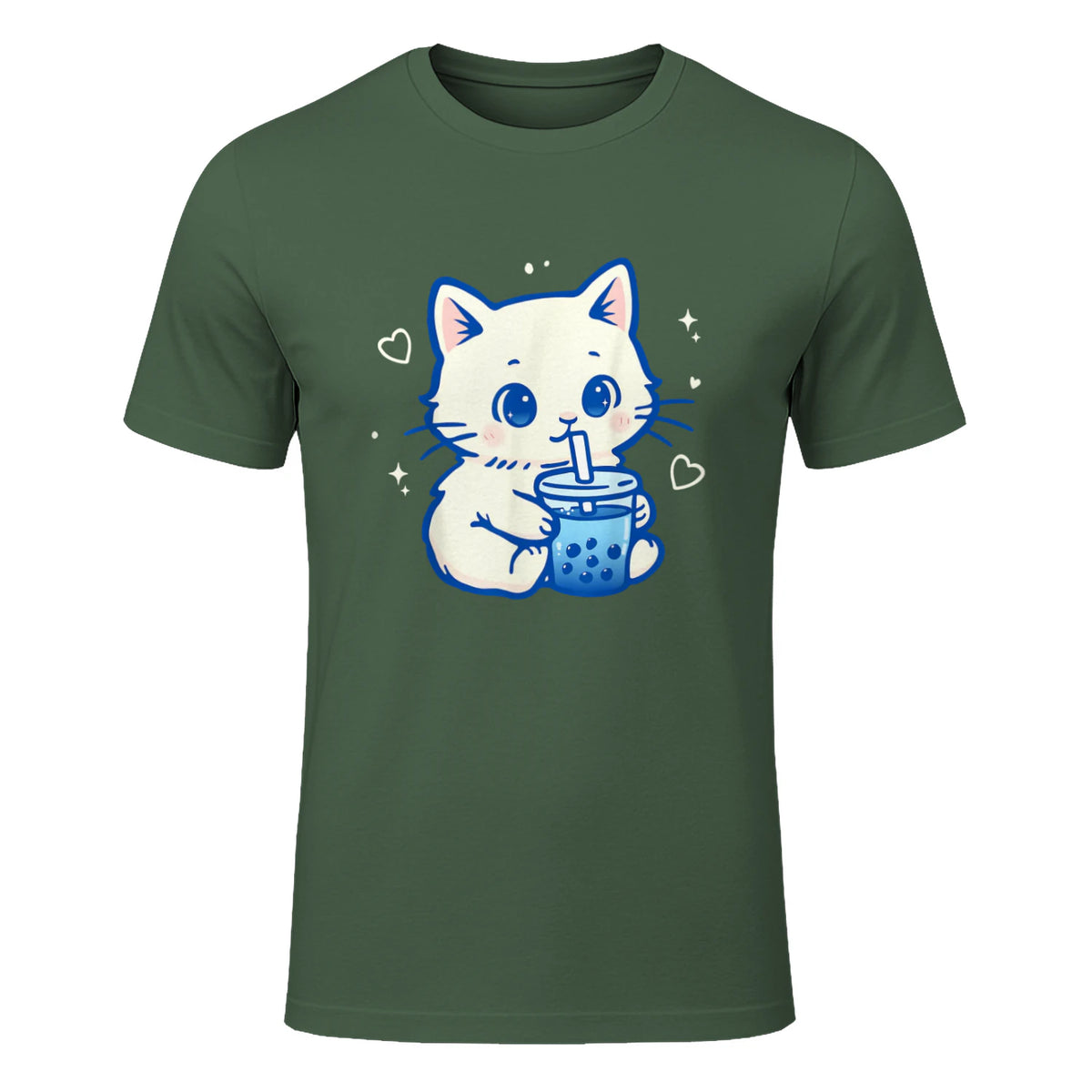 Kawaii Cat Boba Japanese Cute Aesthetic Anime Girls Teens T-Shirt in Military Green - front view