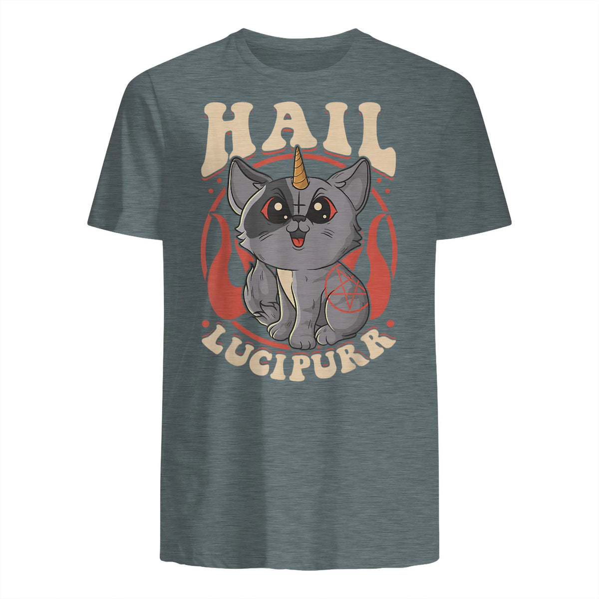 Cute & Funny Satanic Hail Lucipurr Rainbow Kitty Goth in Dark Heather - back view