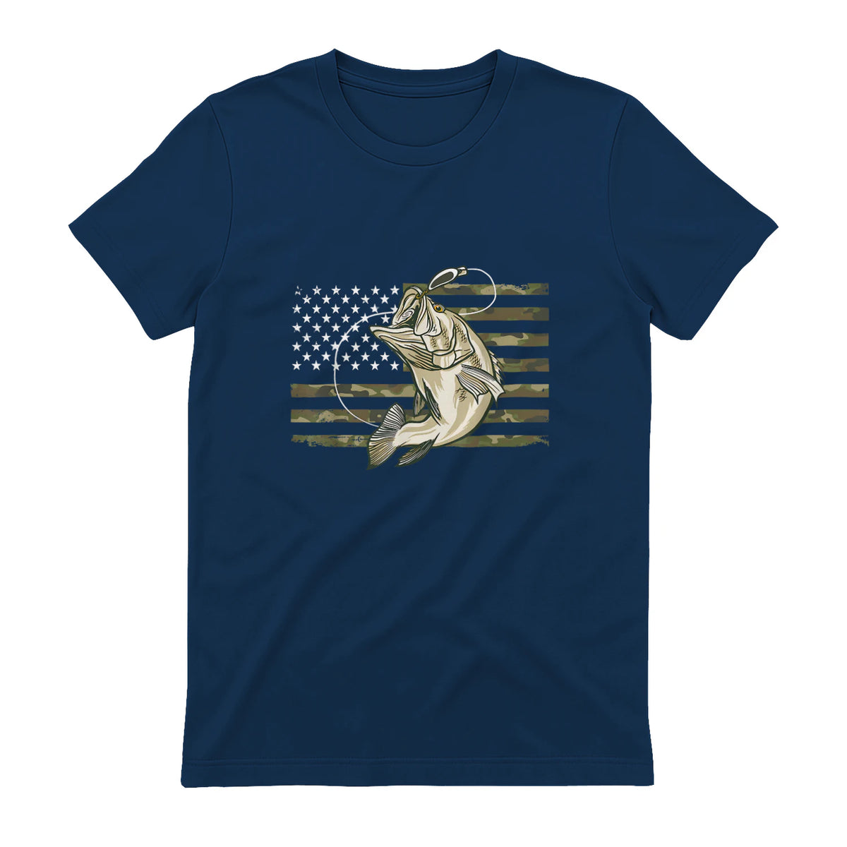 Fishing Camouflage US American Flag Bass Fish Fisherman Camo T-Shirt in Navy - back view