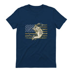 Fishing Camouflage US American Flag Bass Fish Fisherman Camo T-Shirt in Navy - back view
