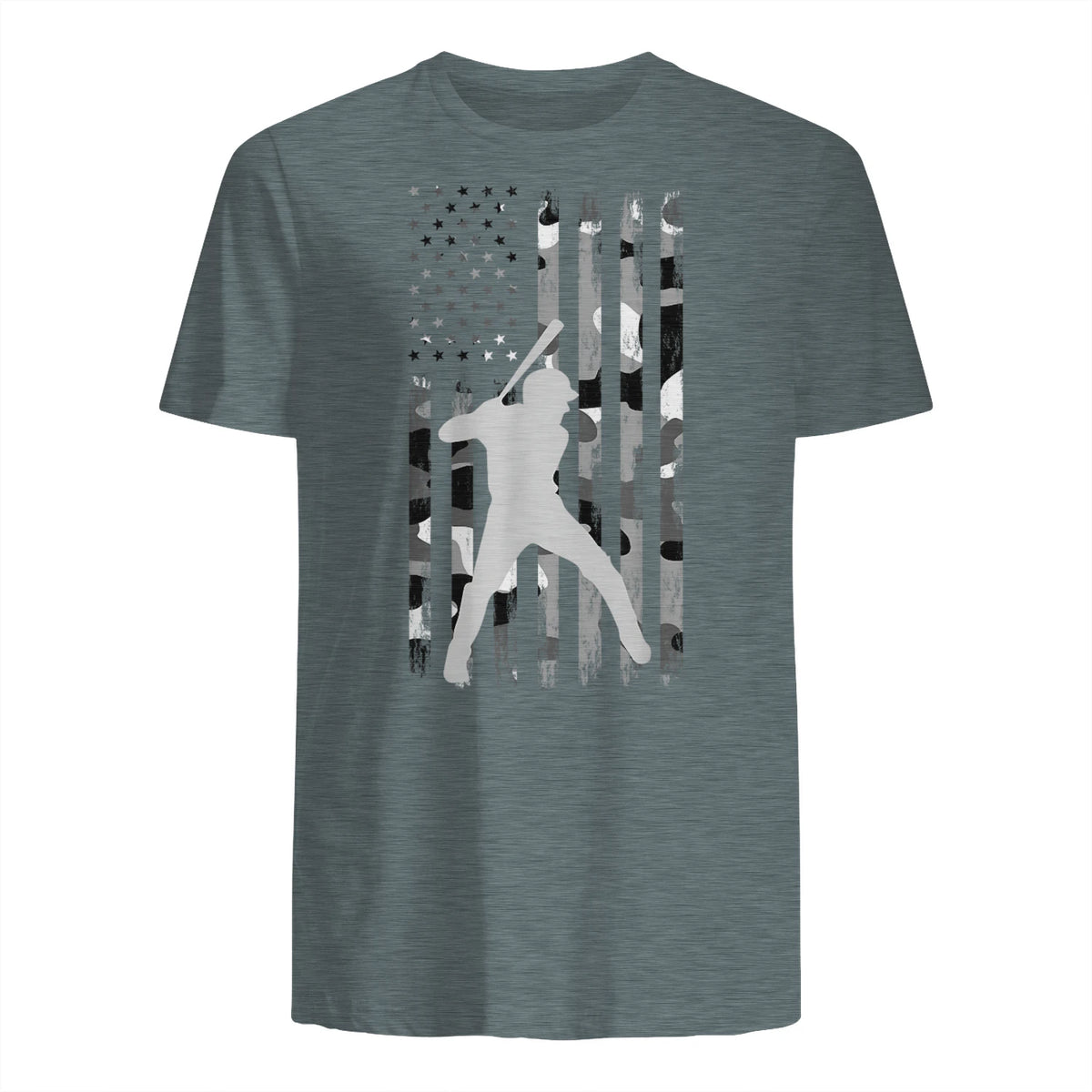 Baseball Player American Flag USA Camo Patriotic Graphic T-Shirt in Dark Heather - back view
