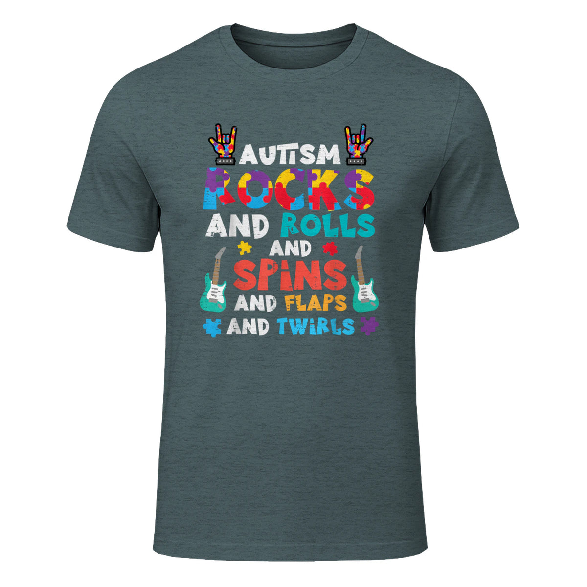 Autism Rocks Rolls Spins Flaps Awareness Boys Kids Women Men in Dark Heather - front view