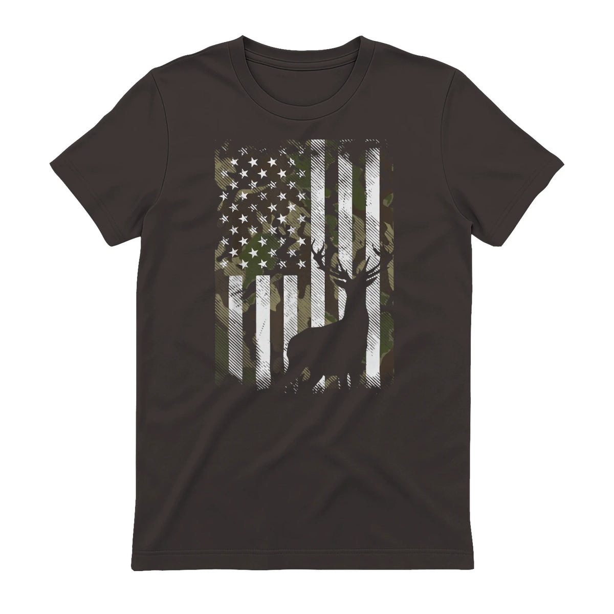 Camo US Flag Deer Elk Buck Camoflage Hunting Hunter Dad Gift Short Sleeve in Dark Chocolate - back view