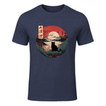Japanese Red Sunset and Black cat Kanji Japan art T-Shirt in Heather Navy - front view