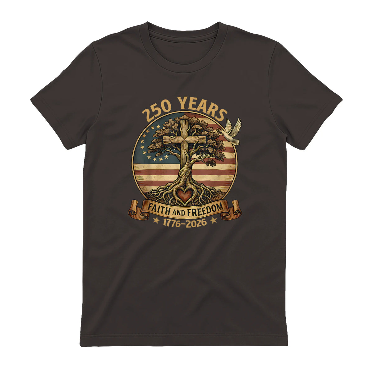 Faith and Freedom Christian USA Anniversary T-Shirt in Dark Chocolate - back view