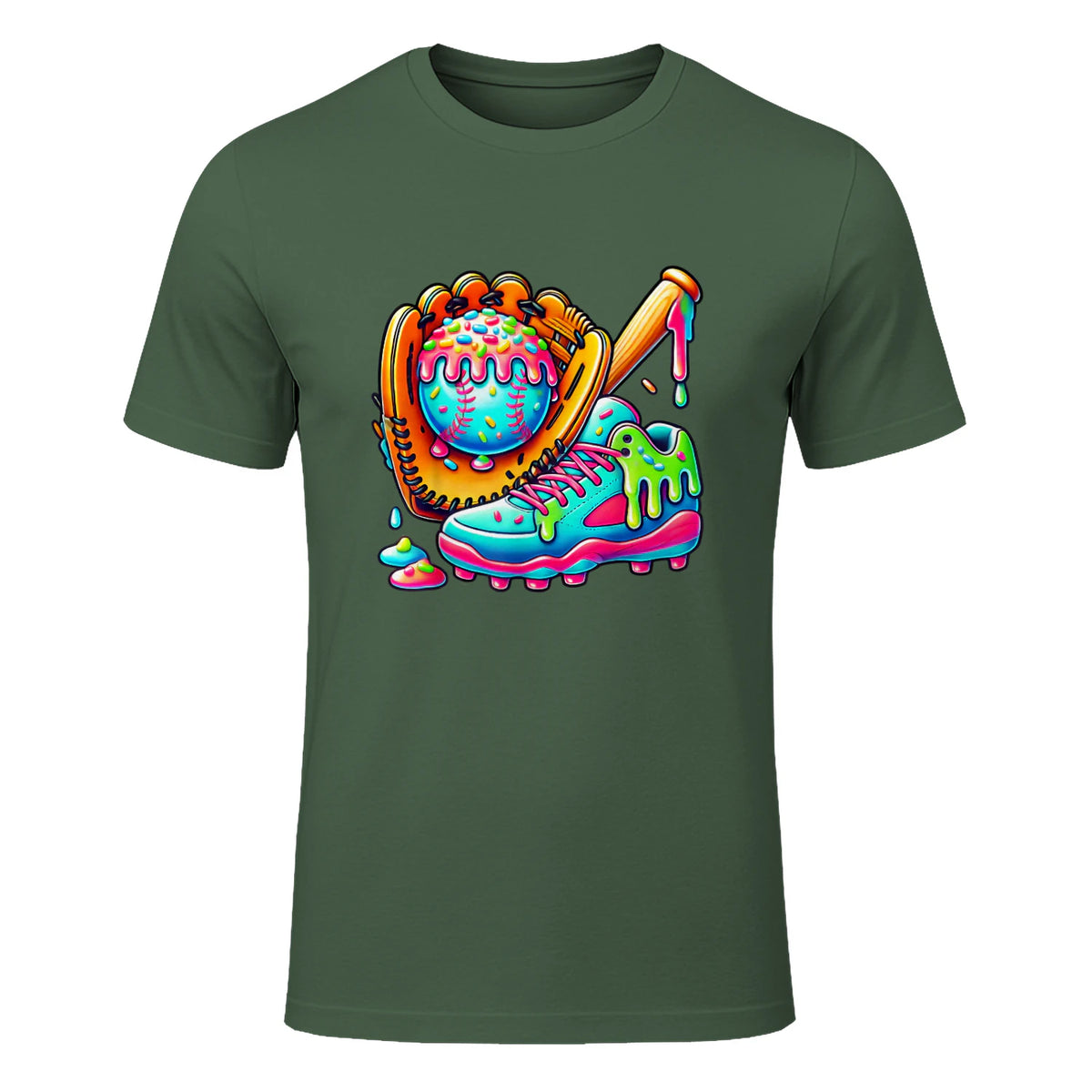 Ice Cream Drip Baseball Stuff Baseball Drip for Boys Graphic T-Shirt in Military Green - front view