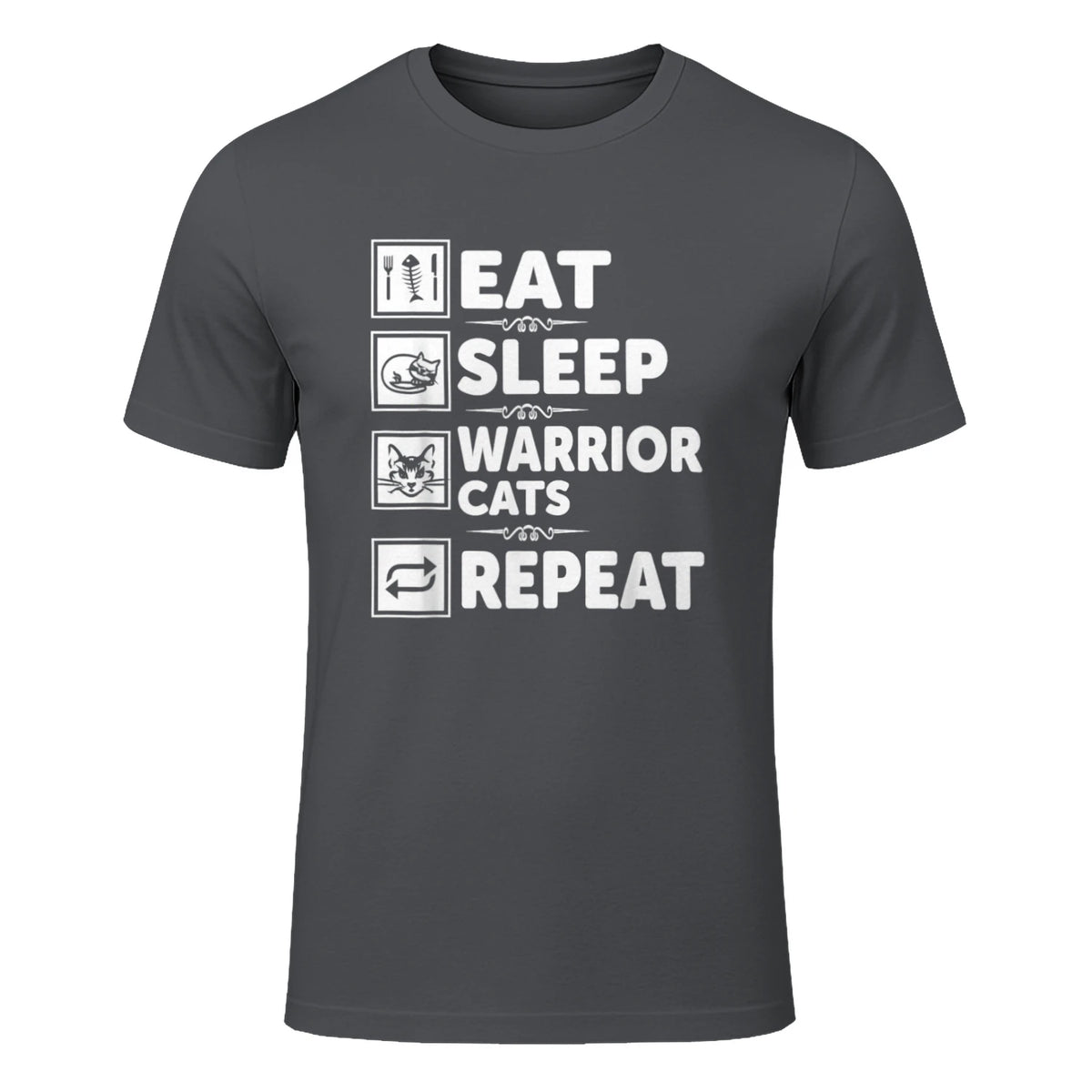 Cat & Cats Lover - Eat Sleep Warrior Cat Repeat - Cat T-Shirt in Charcoal - front view