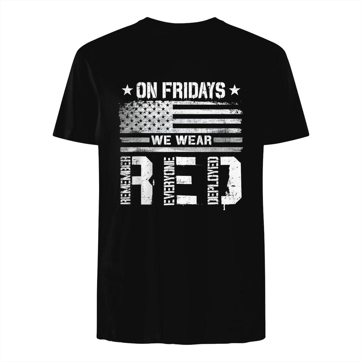 On Friday We Wear Red American Flag Military Supportive T-Shirt in Black - back view