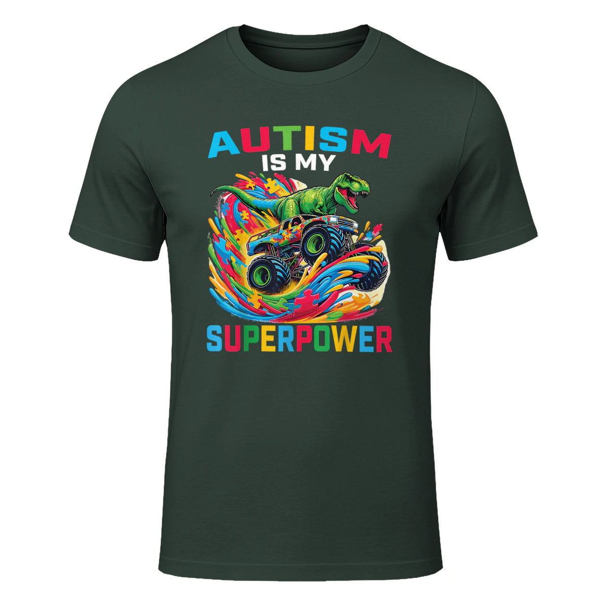 Autism is My Superpower Dino T Rex Monster Truck Kids Boys in Forest Green - front view